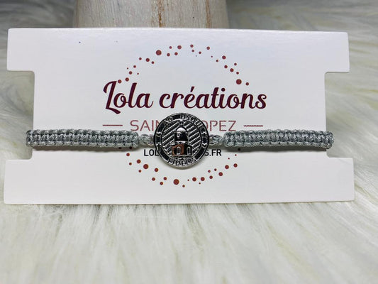 Bracelet macramé gris avec Clocher 15mm argent fond argenté