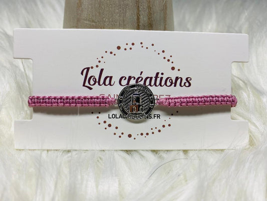 Bracelet macramé rose avec Clocher 15mm argent fond argenté